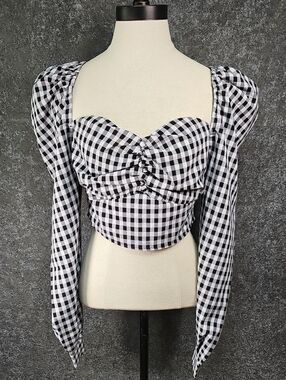Missguided Puff Sleeve Sweetheart Neck Corset Top, Black Gingham, Size 4, NEW